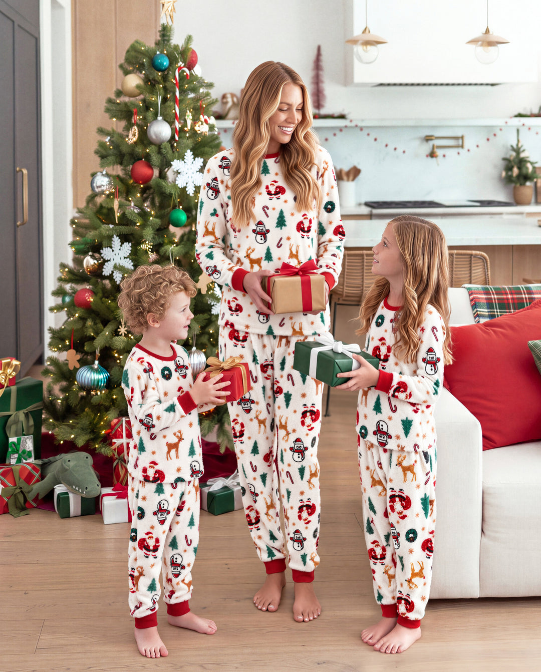 Pijamas navideños a juego para toda la familia con estampado de renos y árboles de Navidad, forro polar