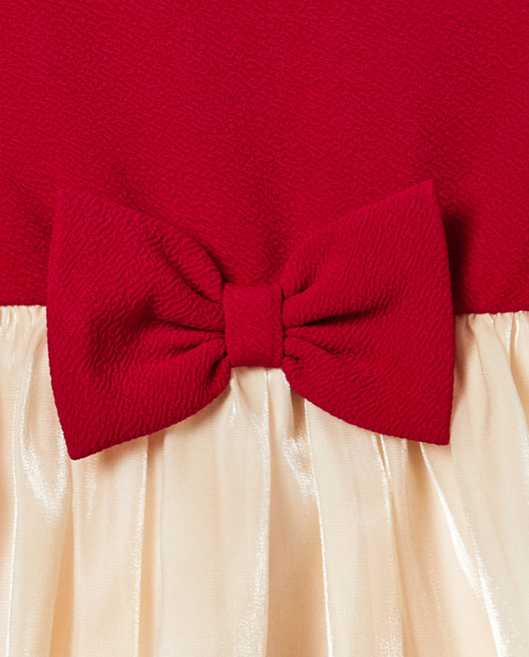 Family Matching Solid Color Short-sleeve Laper-collar Tops and Mermaid/Mesh Dresses Sets Red