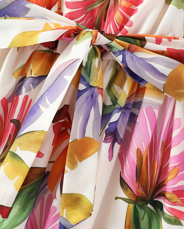 Family Matching Sets Tropical Floral V-Neck Dress & Short Sleeve Tee with Adjustable Straps Deep White Apricot