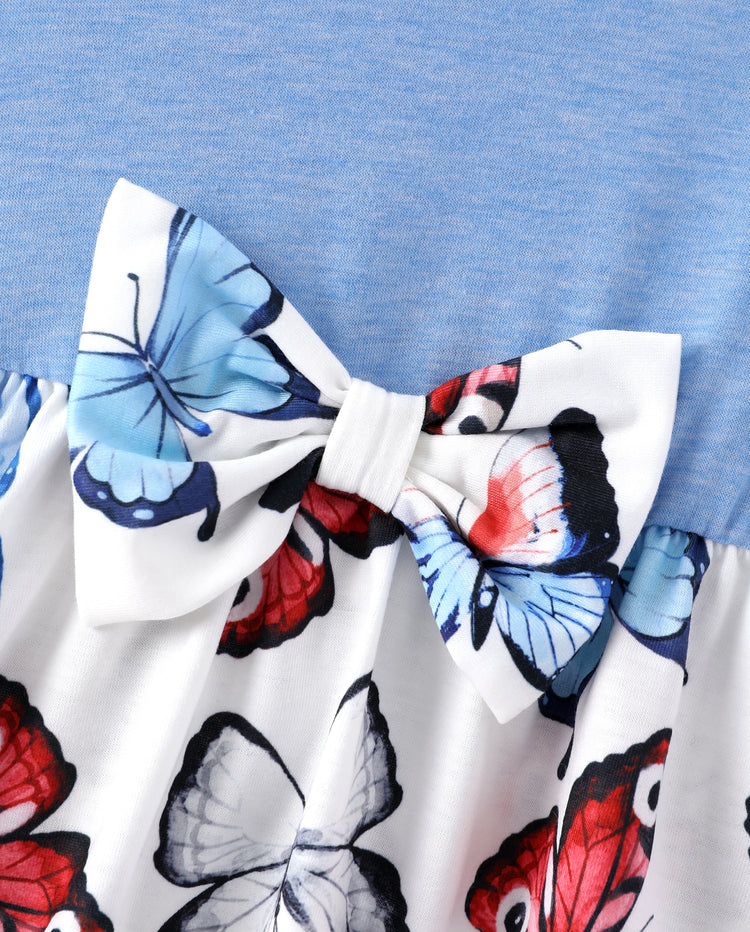 Family Matching Sets Butterfly Soft Casual Tee & Below Knee Dresses with Belted Design Blue Light Blue