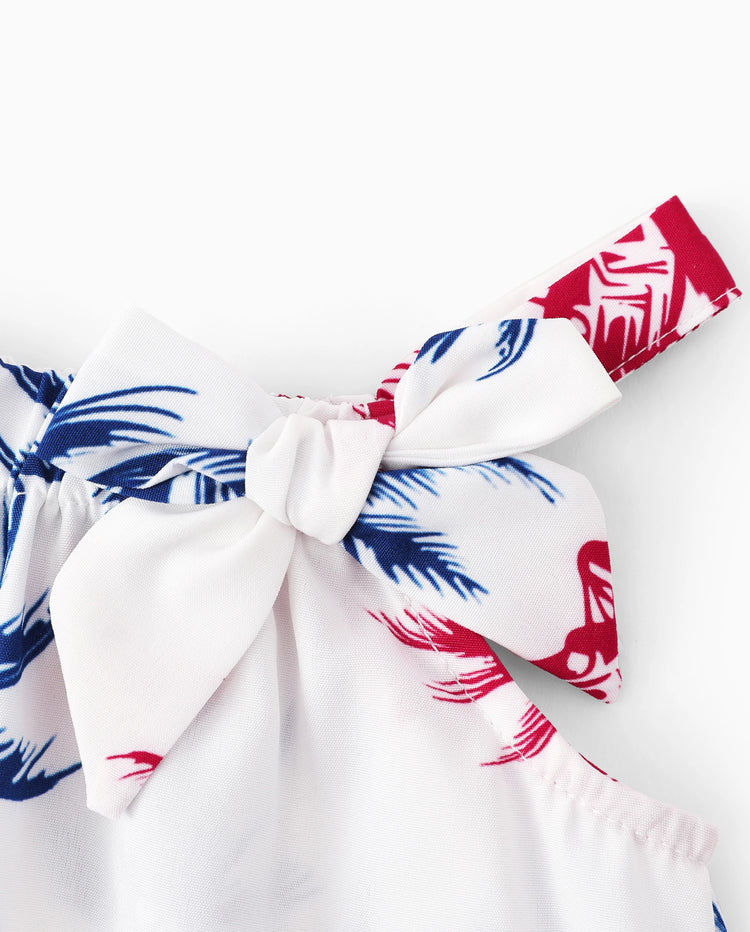 Independence Day Matching Family Outfits Red & Blue Palm Tree Print Hawaiian Vacation Clothes Summer Beach Shirt & Dress Set Multi-color
