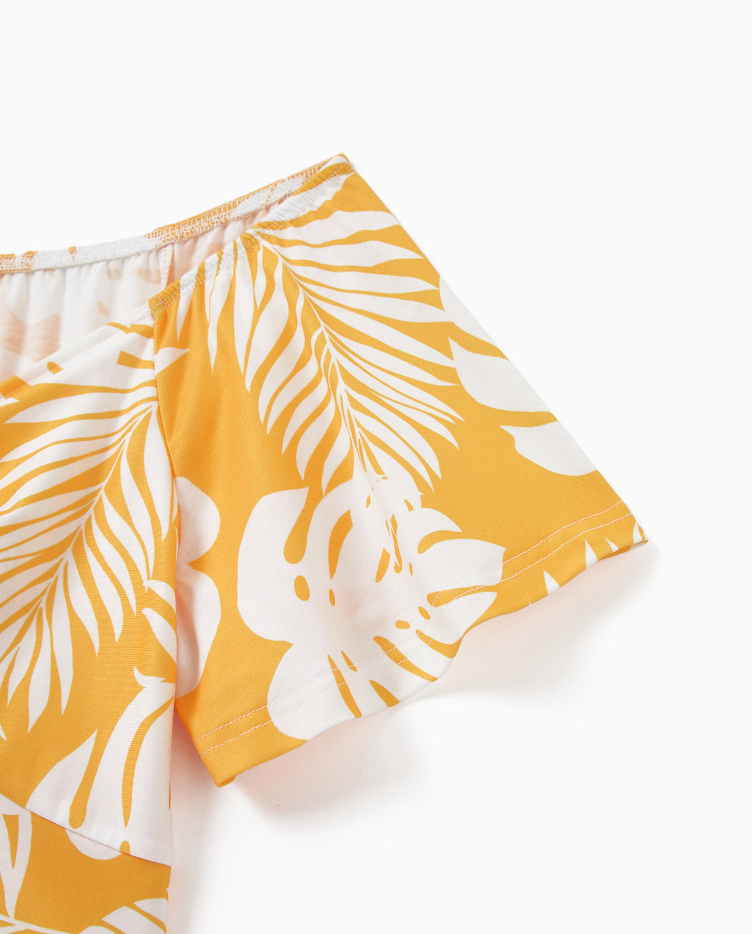Family Matching Leaf Print  Flutter Dress or Short-sleeve Colorblock Shirts Yellow