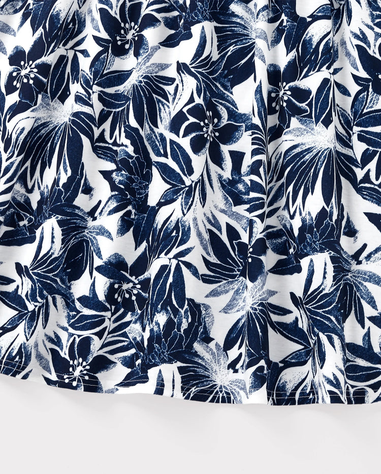 Family Matching Cotton Tee Flora Print Splicing Shirt or Tank Dress Deep Blue