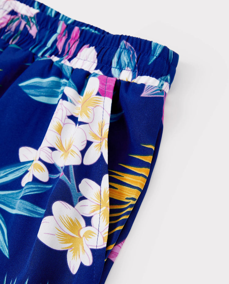 Conjuntos hawaianos familiares a juego: vestido de tirantes con estampado floral tropical o conjunto de camisa y pantalones cortos de manga corta, conjunto de ropa de playa de verano para vacaciones, azul profundo