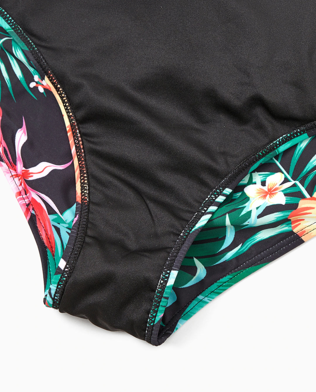 Ensemble maillots assortis famille à imprimé tropical – bikini col V et short de bain, couleur noir