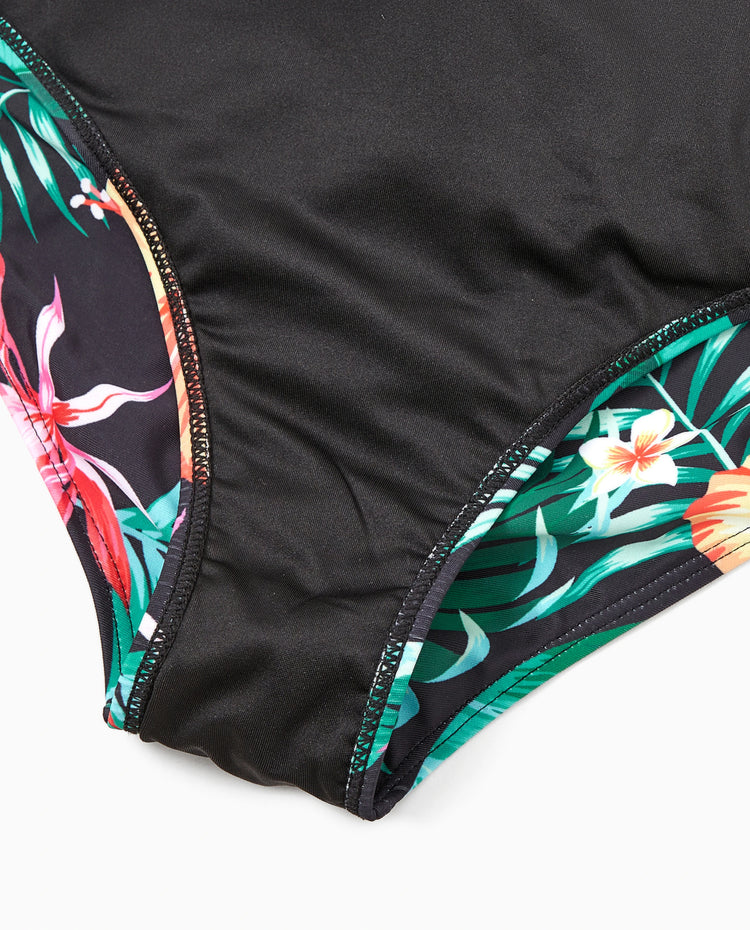 Ensemble maillots assortis famille à imprimé tropical – bikini col V et short de bain, couleur noir