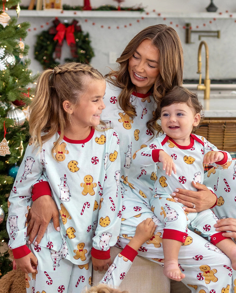 Christmas Matching Family Pajamas Gingerbread & Milk Print Blue
