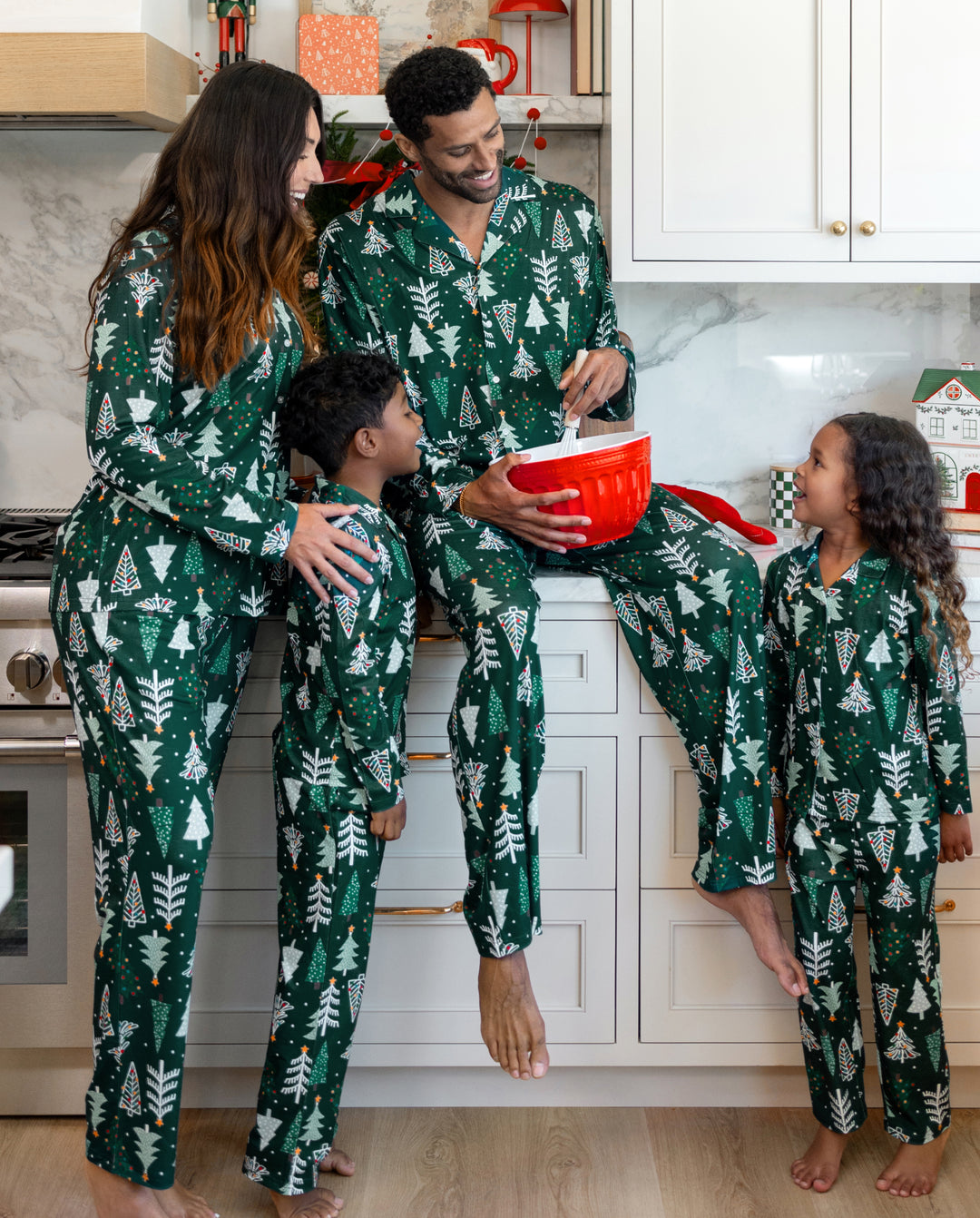 Pijamas navideños a juego para toda la familia, estampado de árbol de Navidad, verde oscuro, talla grande