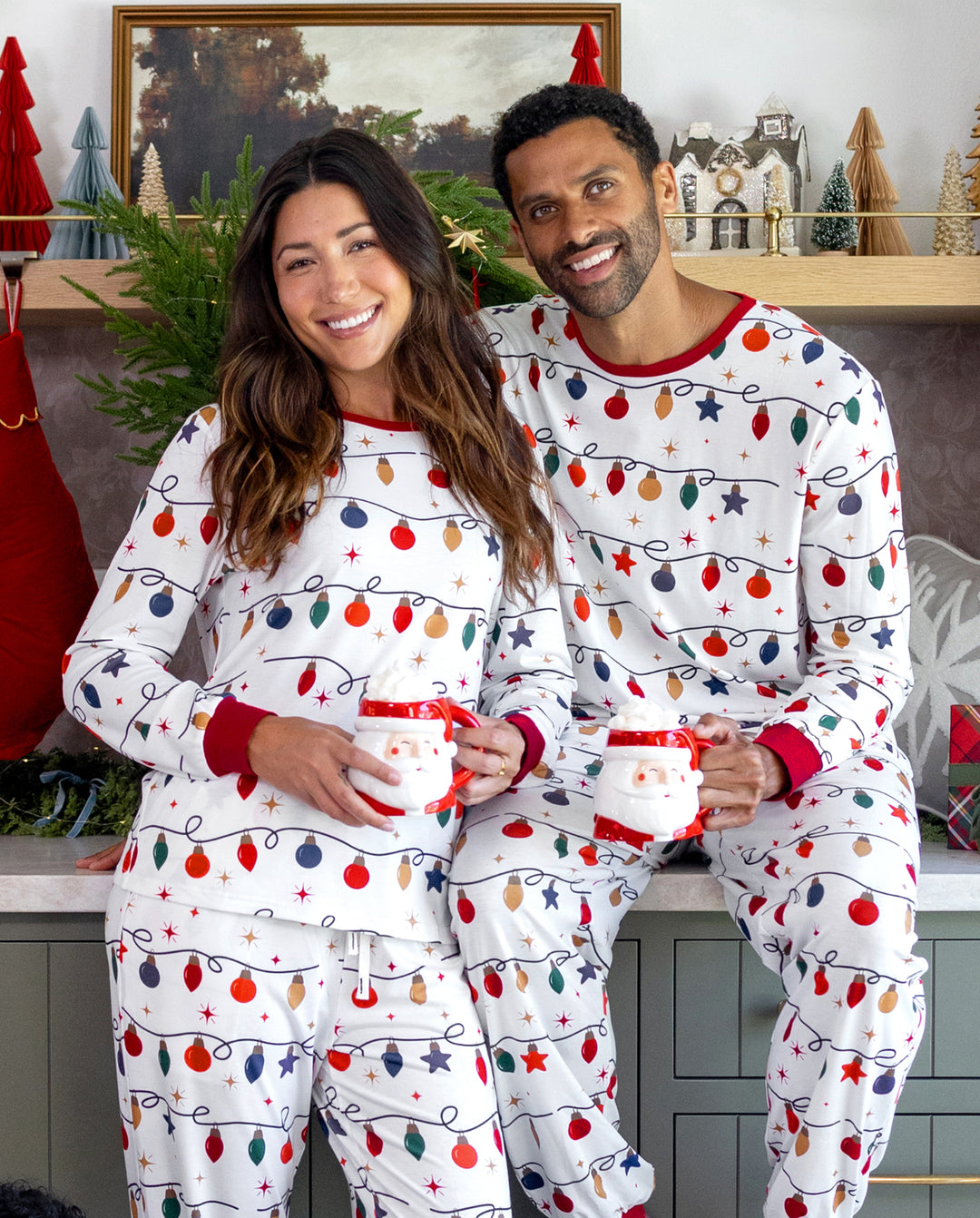 Christmas Matching Family Pajamas Xmas Lights Print White
