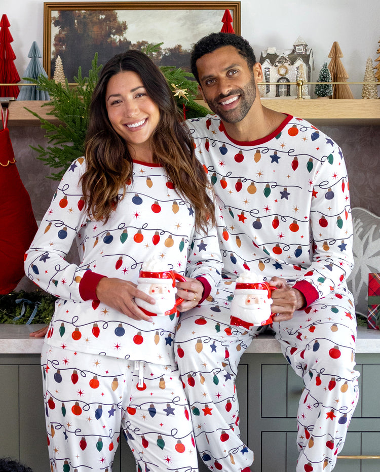 Christmas Matching Family Pajamas Xmas Lights Print White