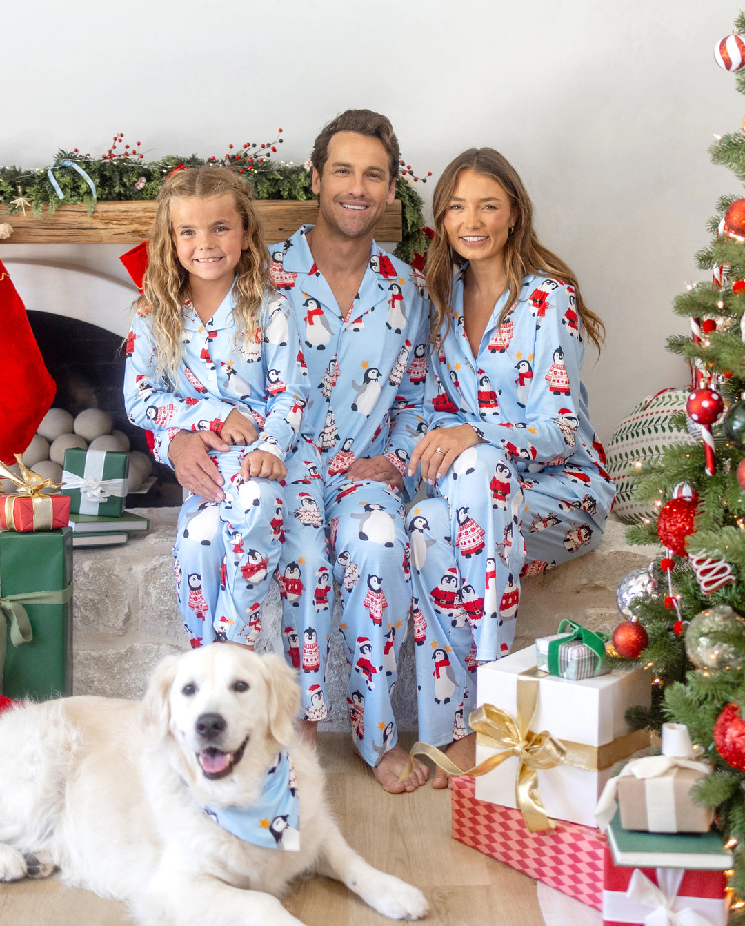 Christmas Matching Family Pajamas Penguin Print Blue