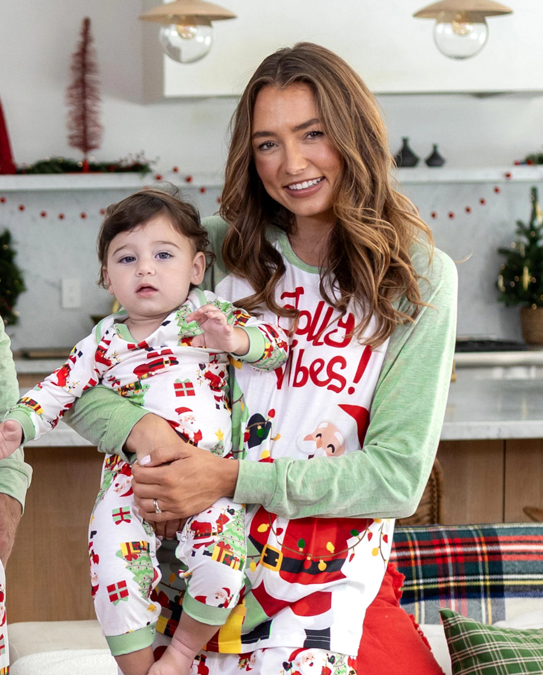 Christmas Matching Family Pajamas Santa & Xmas Tree Print Green