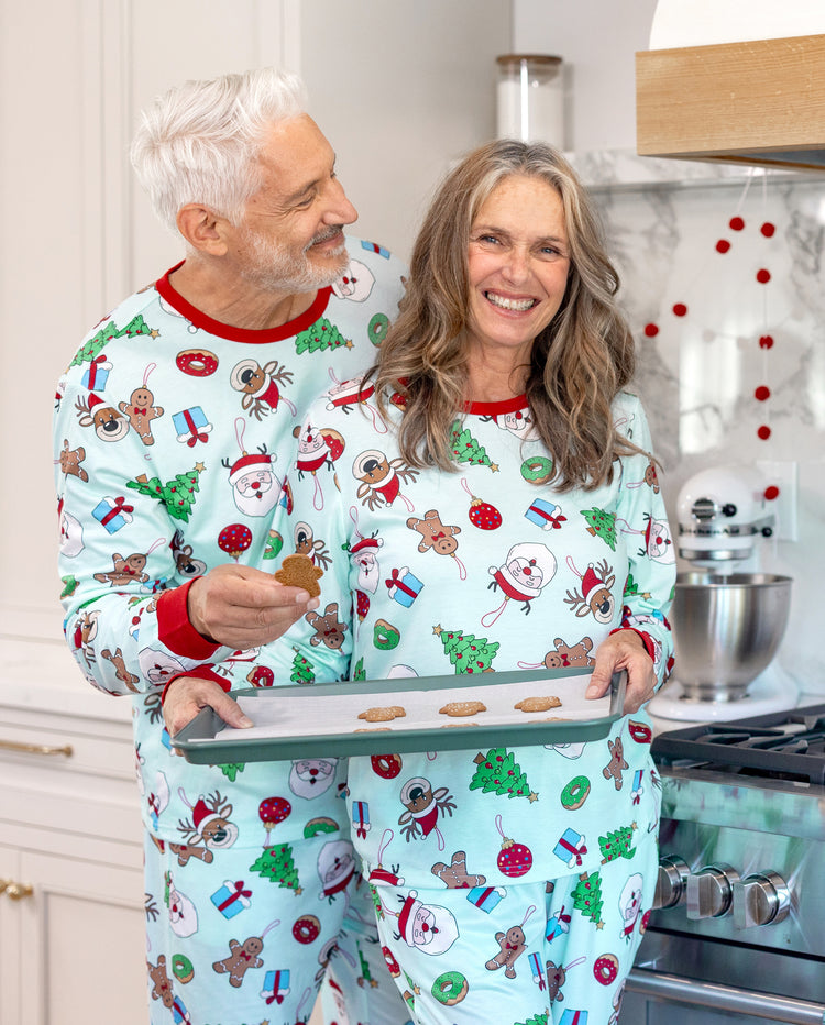 Christmas Matching Family Pajamas Santa & Xmas Tree Print Teal