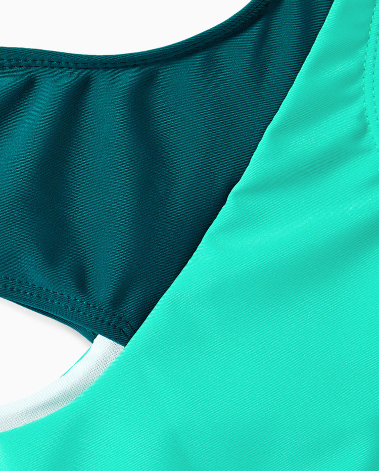 Family Matching Colorblock One Shoulder Cut Out One-piece Swimsuit and Striped Spliced Swim Trunks Shorts DeepTurquoise