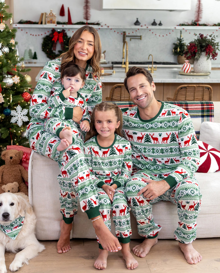 Christmas Matching Family Pajamas Fair Isle & Reindeer Print Green