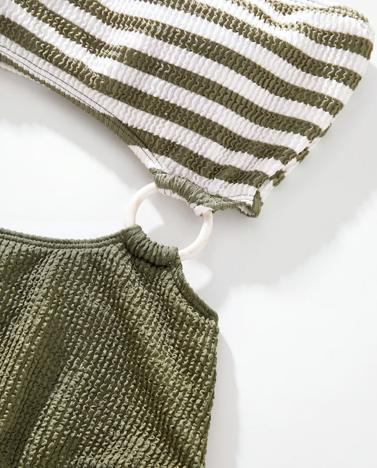 Passende Familien-Badehose mit Farbblock-Streifen oder einteiliger One-Shoulder-Badeanzug Armeegrün