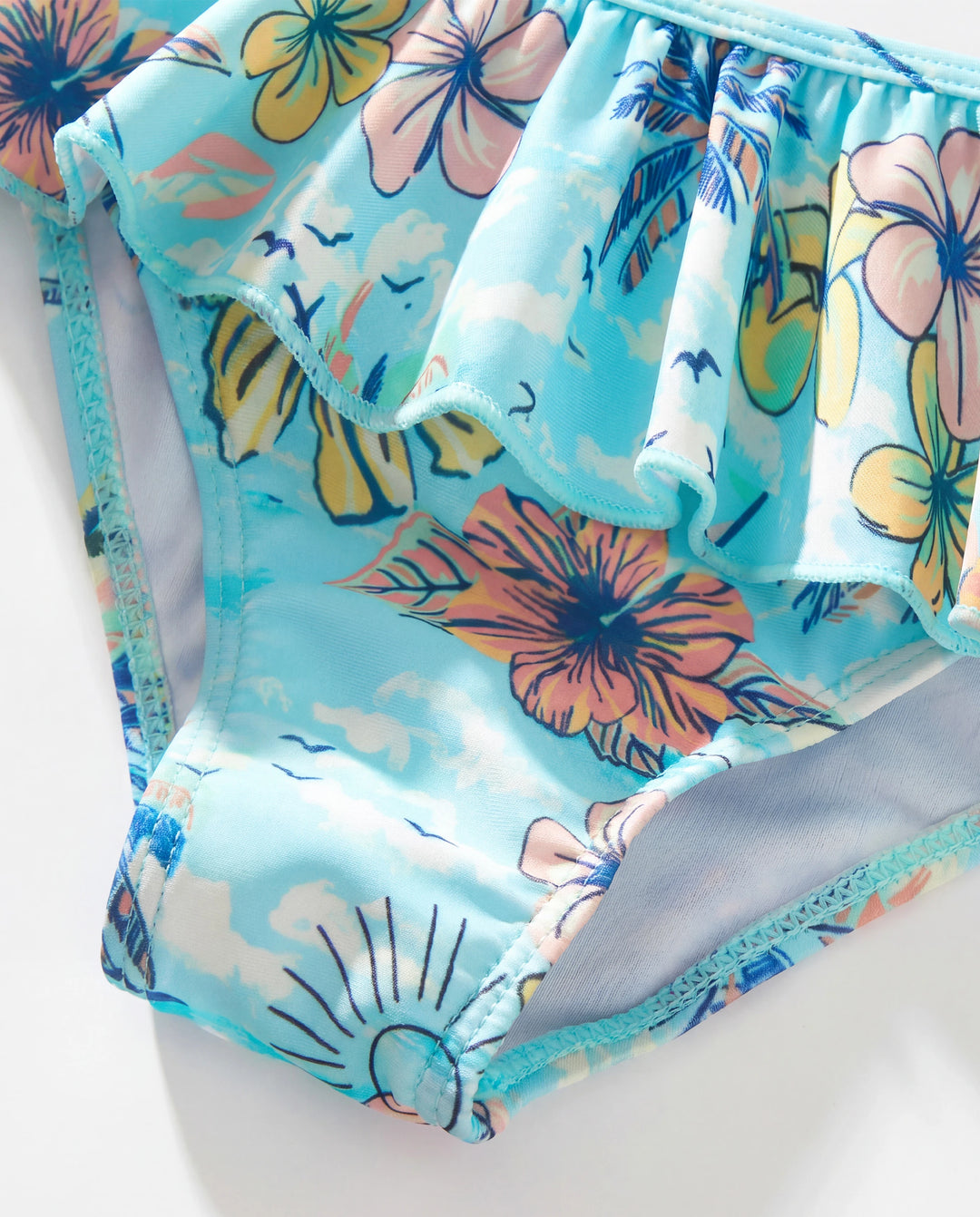 Maillots de bain assortis pour toute la famille à imprimé tropical, maillot une pièce à nouer devant pour maman, maillot deux pièces pour fille, ensemble short de bain pour papa & fils pour vacances d'été à la plage Bleu clair