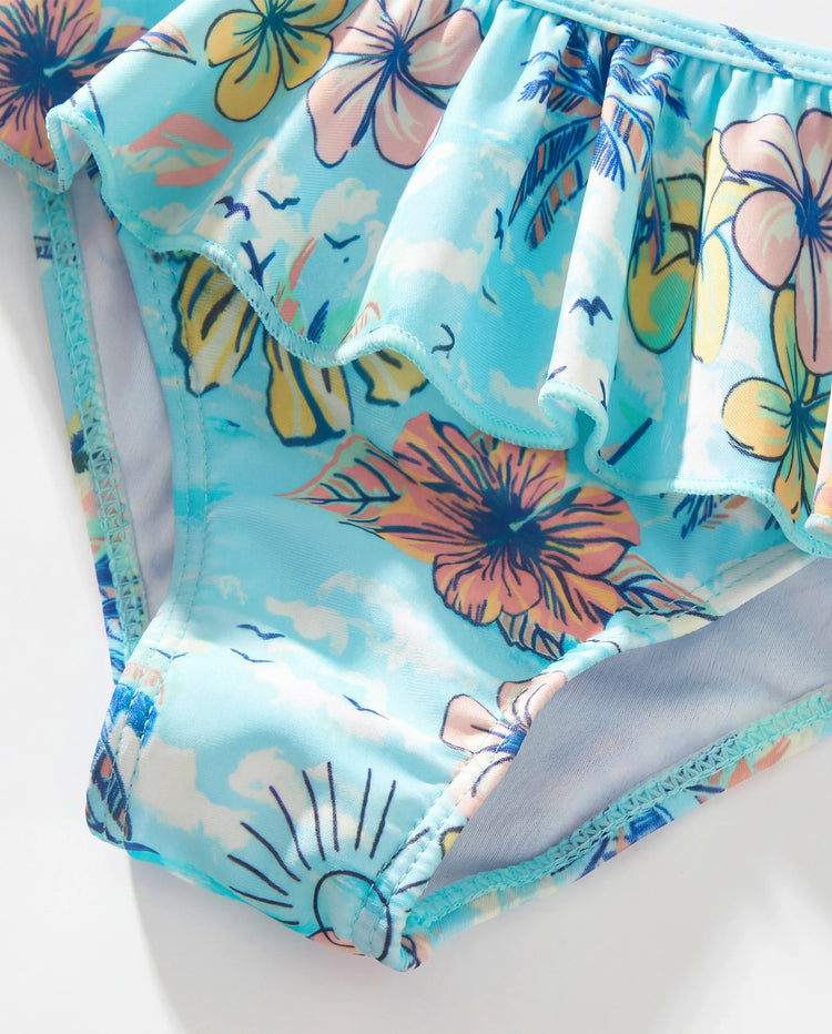 Maillots de bain assortis pour toute la famille à imprimé tropical, maillot une pièce à nouer devant pour maman, maillot deux pièces pour fille, ensemble short de bain pour papa & fils pour vacances d'été à la plage Bleu clair