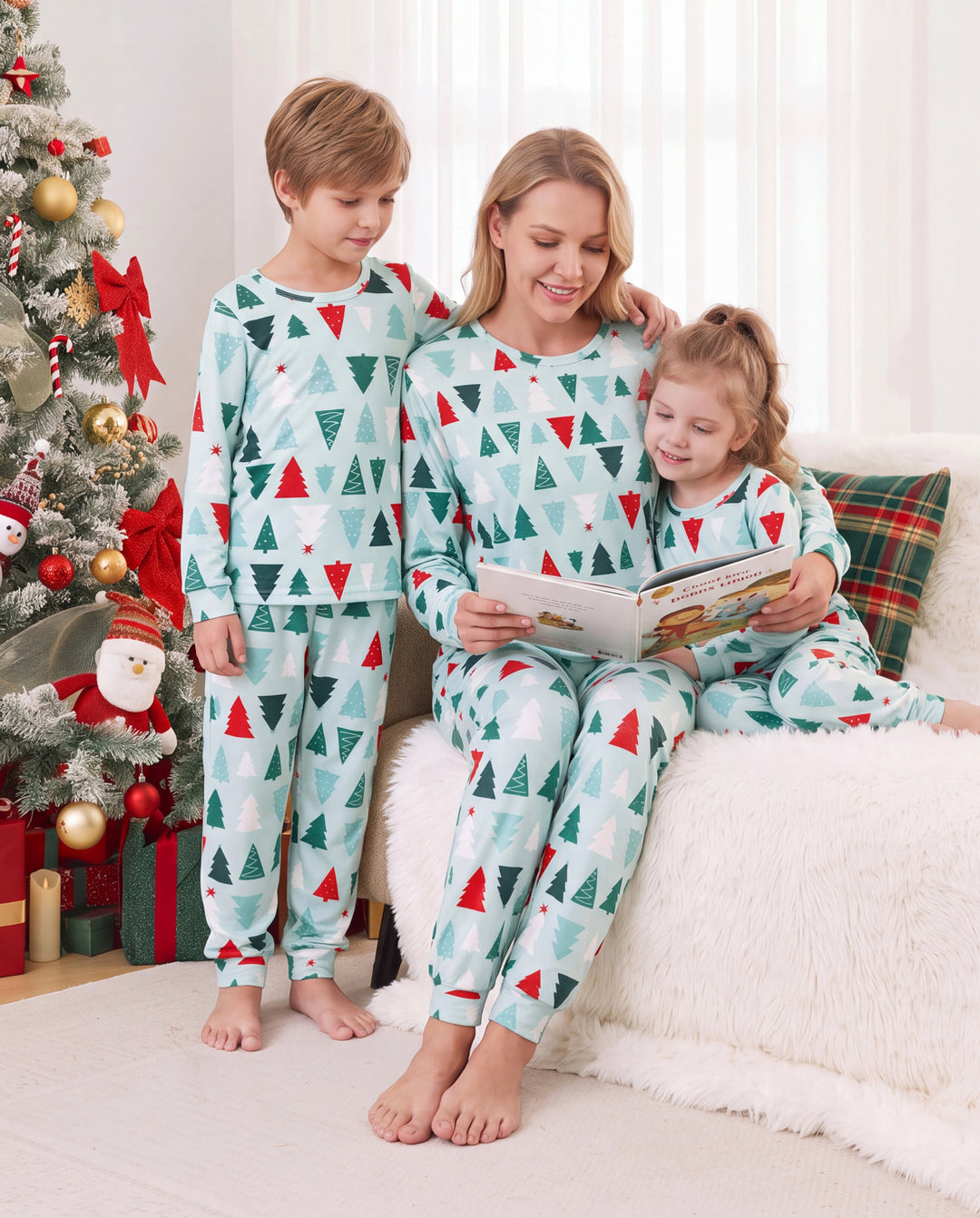 Pyjamas de Noël assortis pour toute la famille, motif sapin de Noël, coton bleu