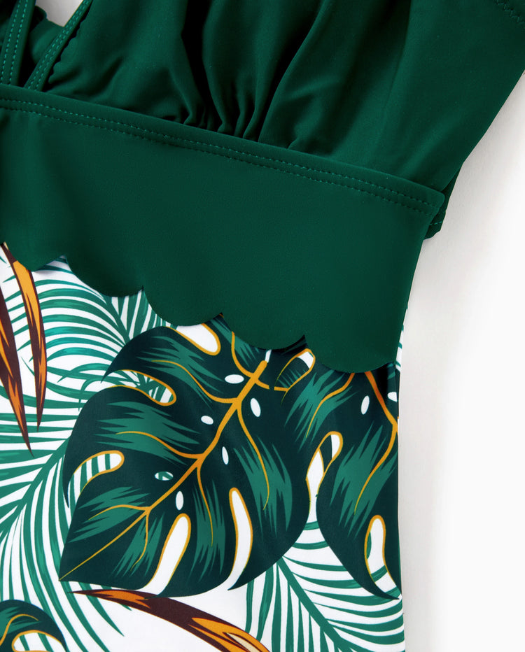 Family Matching Allover Plants Print Swim Trunks Shorts and V Neck Spaghetti Strap Splicing One-Piece Swimsuit Dark Green