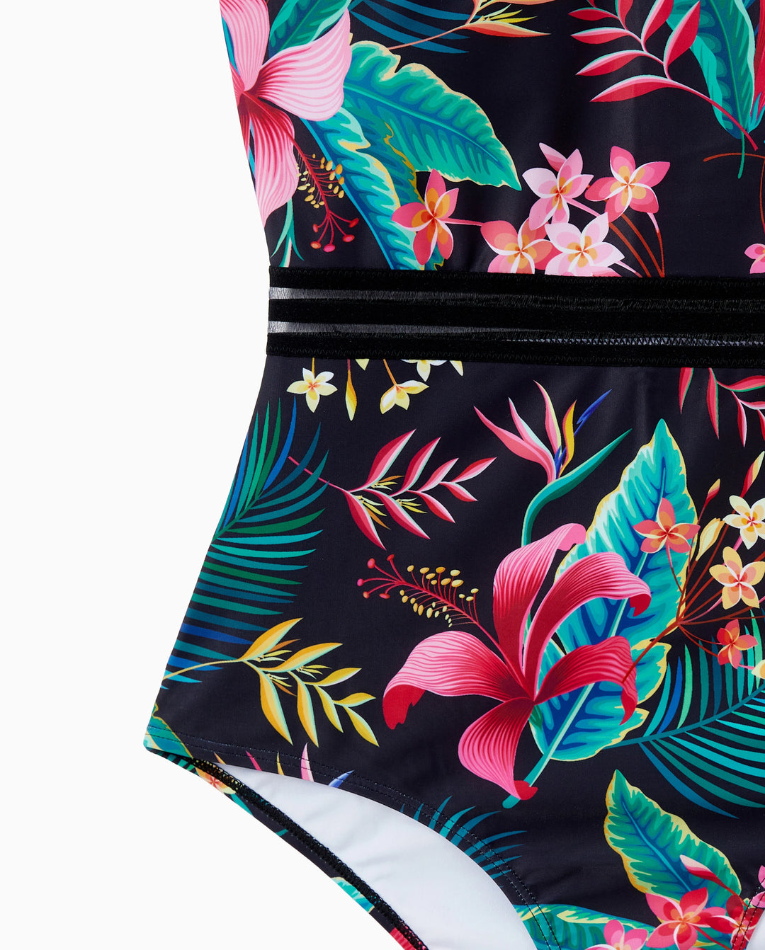 Family Matching Allover Plant Print Crisscross One-Piece Swimsuit and Swim Trunks Black