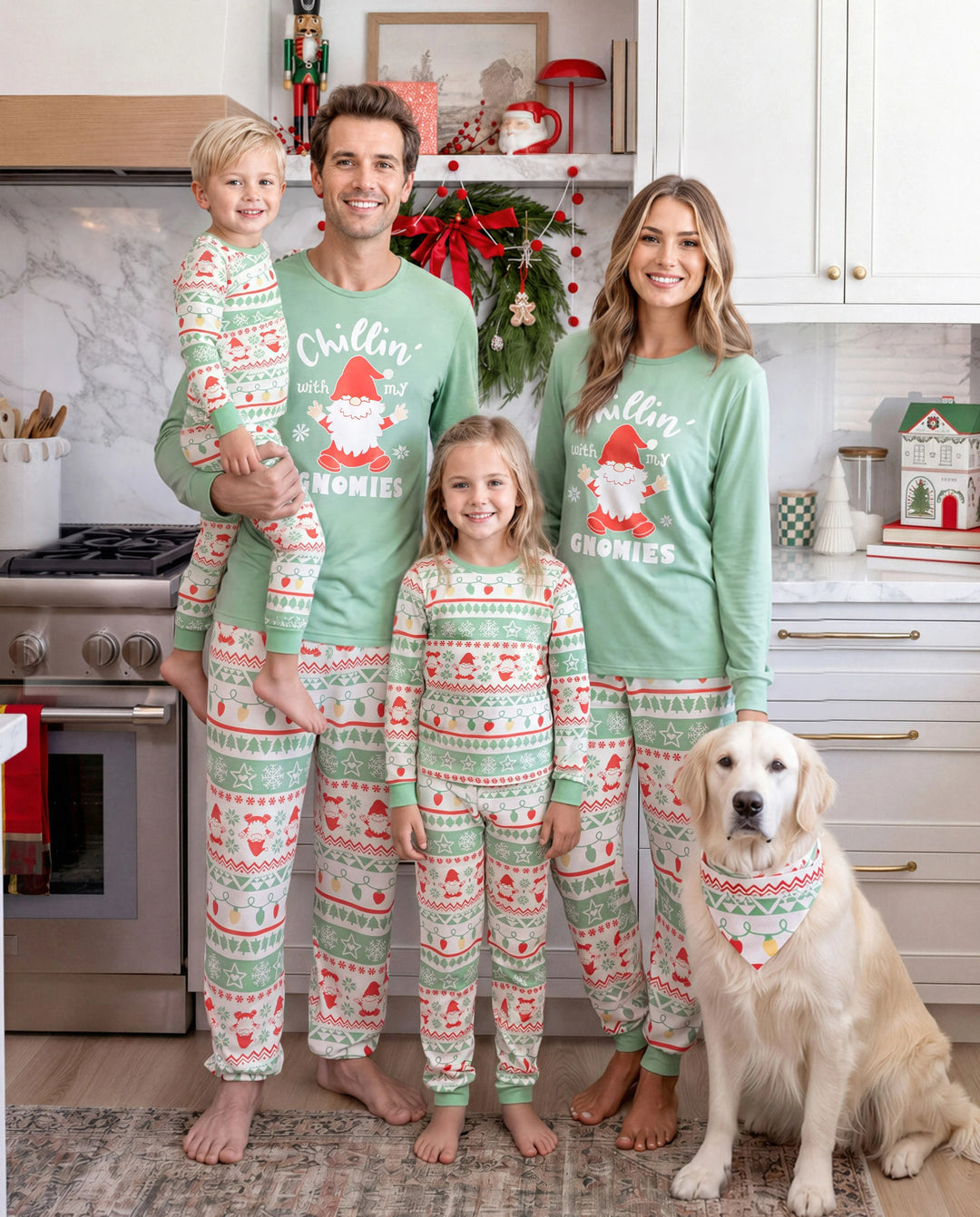 Christmas Matching Family Pajamas Glow In The Dark Santa Claus Print Light Green