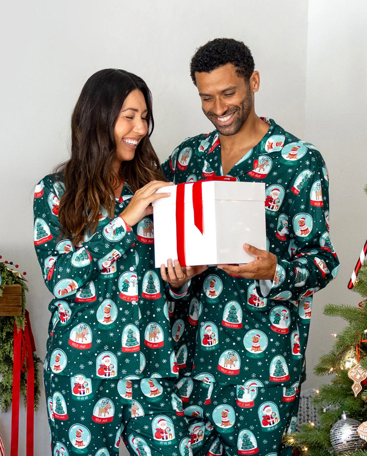 Christmas Matching Family Pajamas Snow Globe Print Dark Green