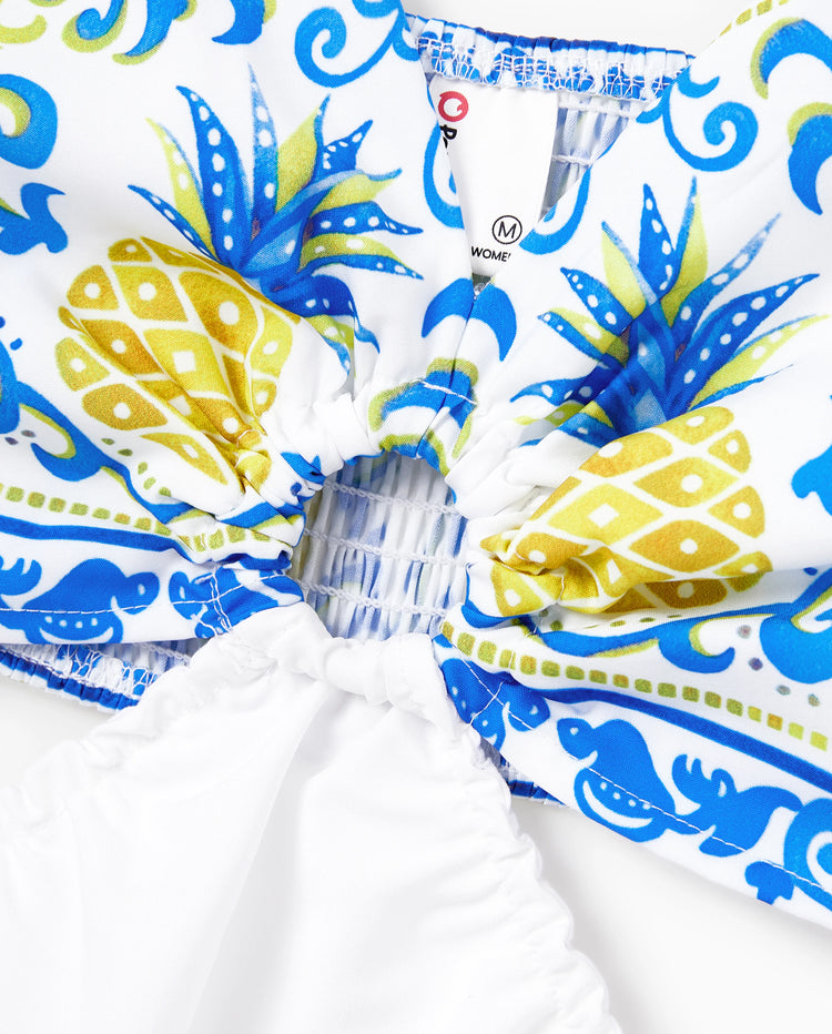 Family Matching Vacation Set Tropical Pineapple Coconut Tree Print Short-sleeve T-shirt or Hollow out Strap Dress for Summer Vacation  White