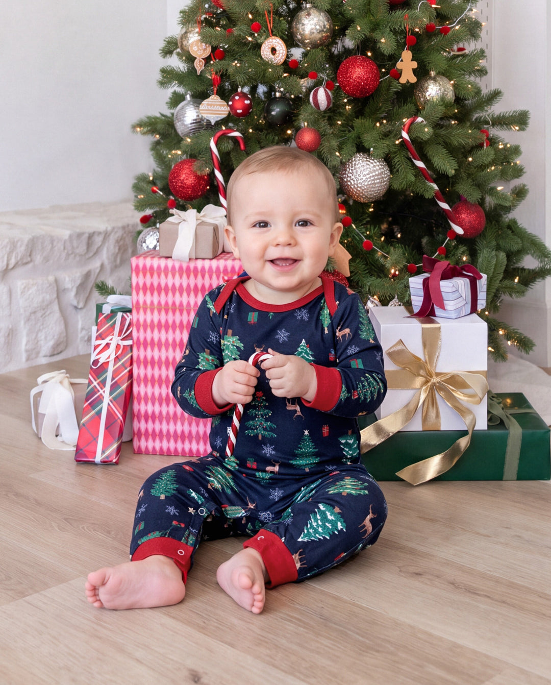 Christmas Matching Family Pajamas Xmas Tree Print Navy