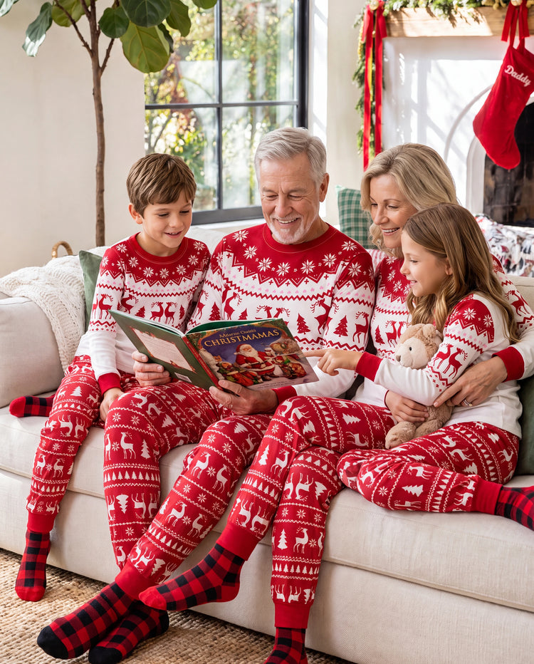 Christmas Reindeer and Snowflake Print Family Matching Pajamas Sets with Christmas Socks Red