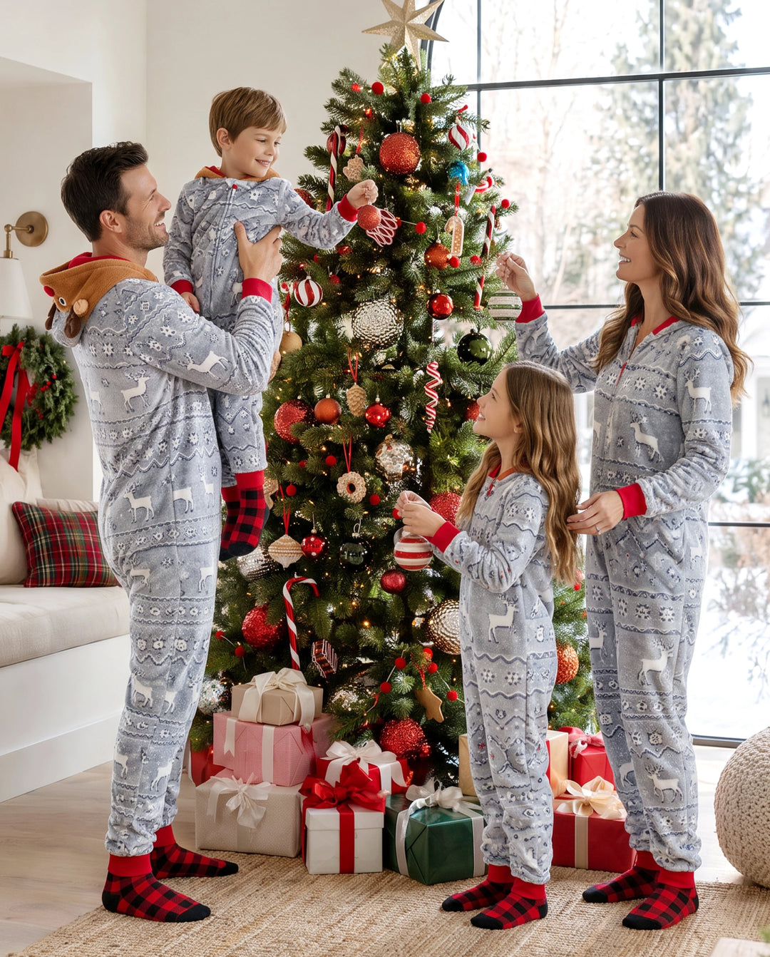 Christmas Onesies Matching Family Pajamas Set Reindeer Print Glow In The Dark PJS with Christmas Socks White/Gray