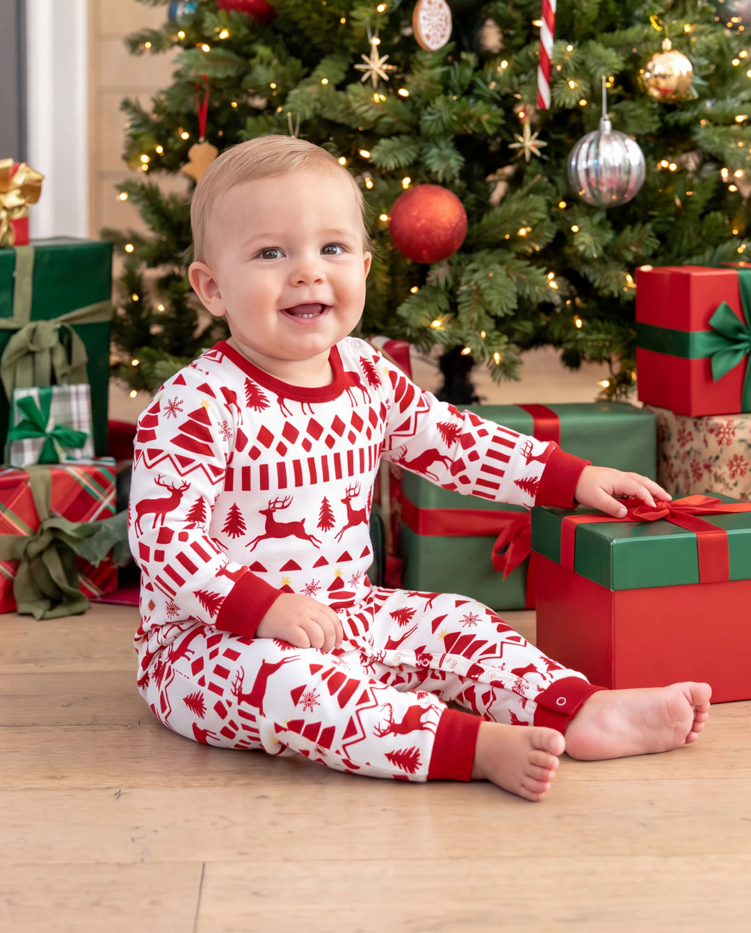 Christmas Matching Family Pajamas Fair Isle & Reindeer Print Red