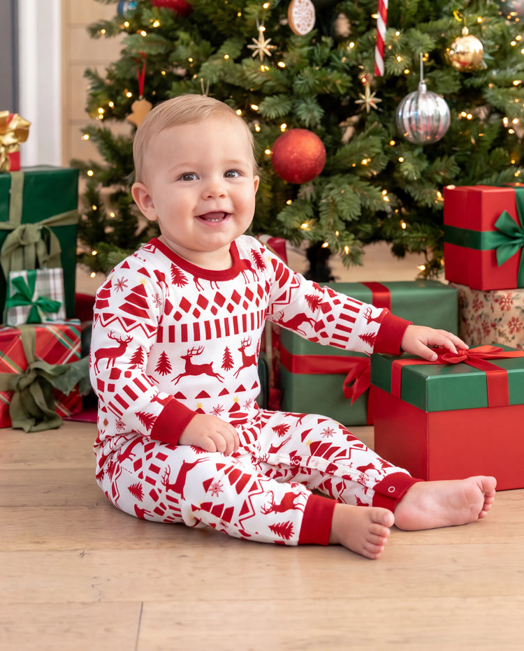 Christmas Matching Family Pajamas Fair Isle & Reindeer Print Red