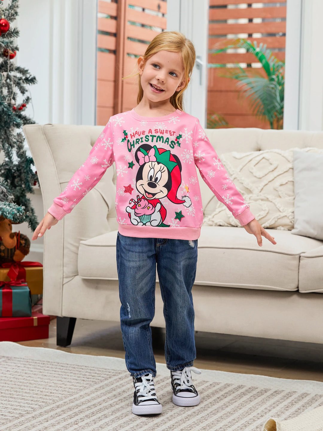 Disney Mickey and Friends Kleinkind Mädchen Minnie Weihnachtsmuster Sweatshirt Hellrosa