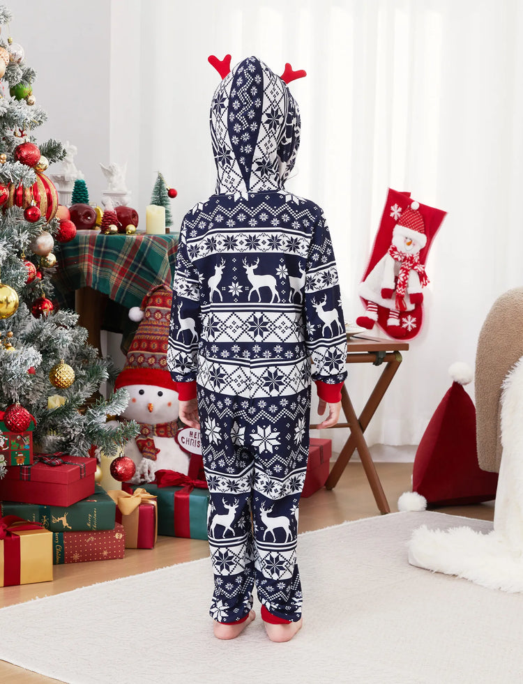 Christmas Matching Family Pajamas Set 3D Reindeer Hooded Allover Snowflake and Reindeer Print Dark Blue Onesie PJS with Christmas Socks blueblack