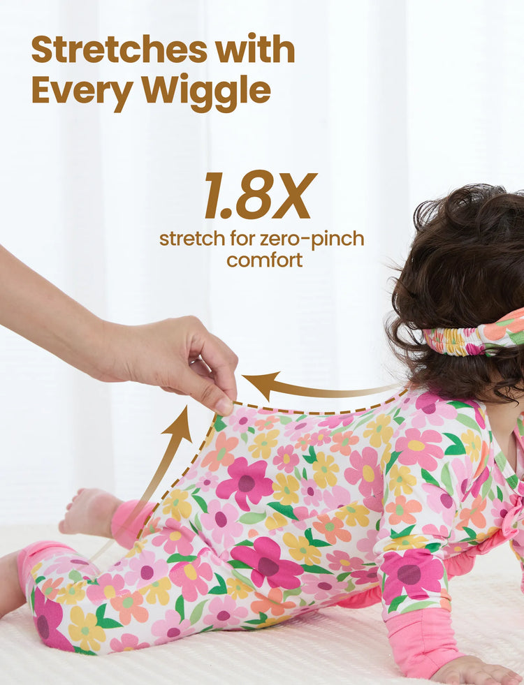 Bambus Baby Jungen/Mädchen Tier bedruckt 2-Wege-Reißverschluss Strampler Anti-Rutsch Langarmfußball mit Haarband dunkelrosa