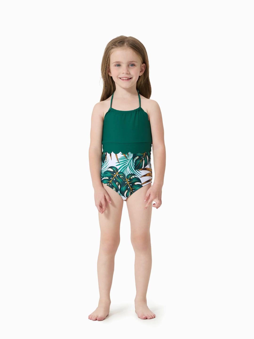 Daddy & Tochter Allover Pflanzenmuster Badeshorts und Spaghettiträger Zusammengesetzter Einteiler Badeanzug Dunkelgrün
