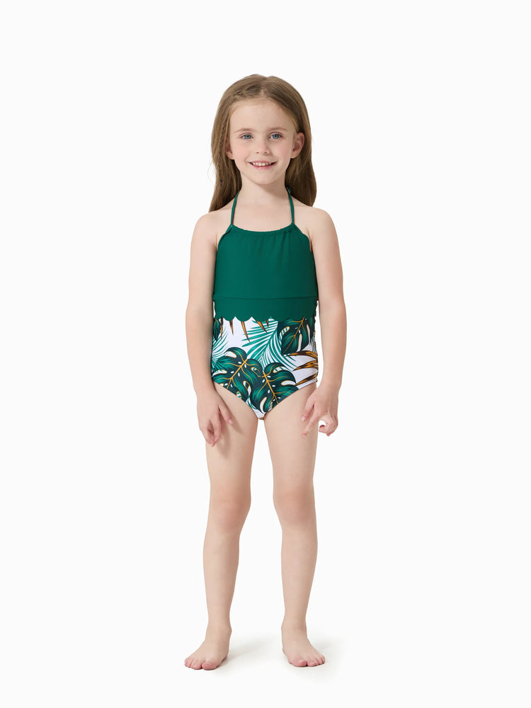 Daddy & Daughter Allover Plants Print Swim Trunks Shorts and Spaghetti Strap Splicing One-Piece Swimsuit Dark Green