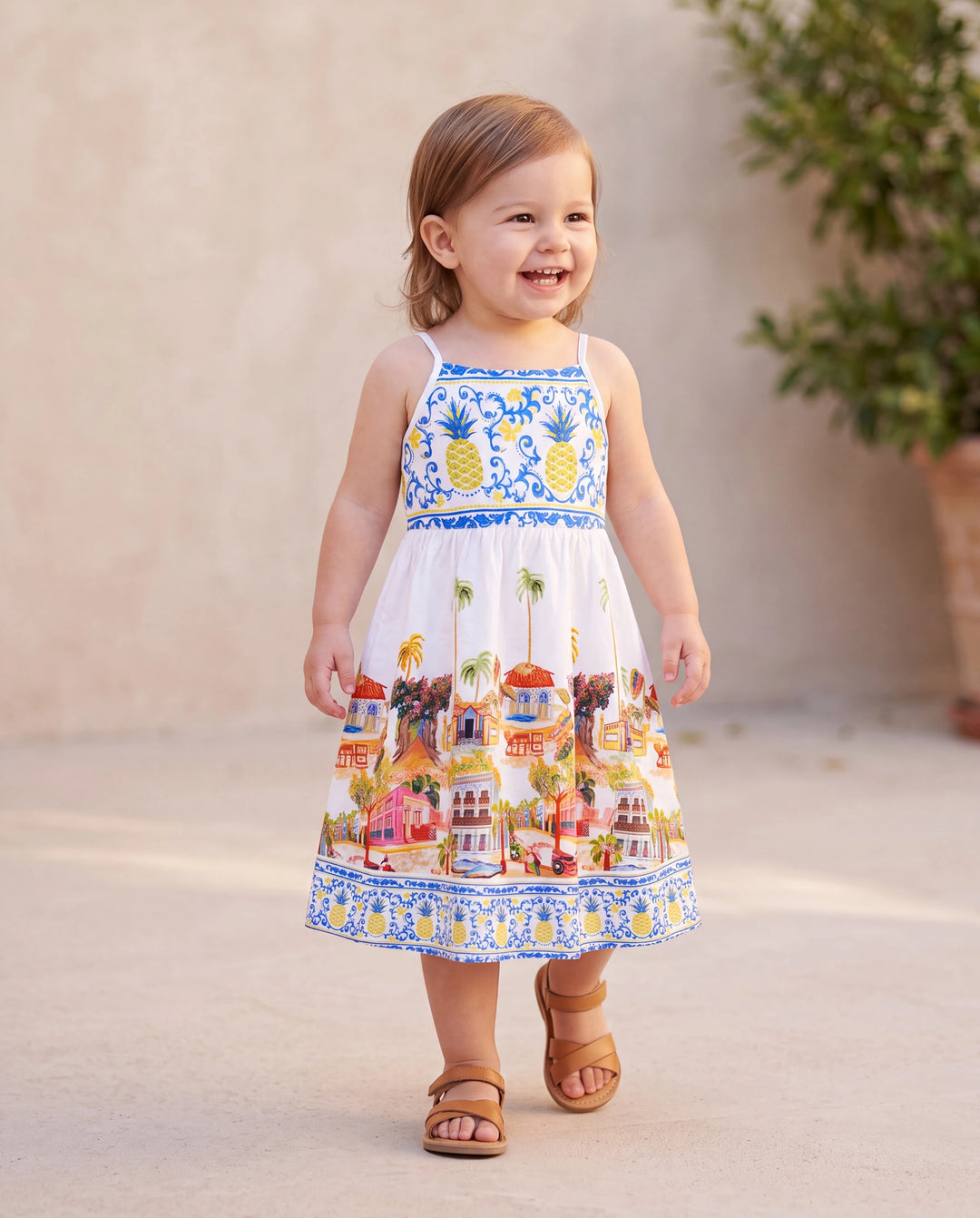 Toddler/Kid Girl Vacation Tropical Pineapple Coconut Tree Print Hollow out Strap Dress for Summer Vacation  White