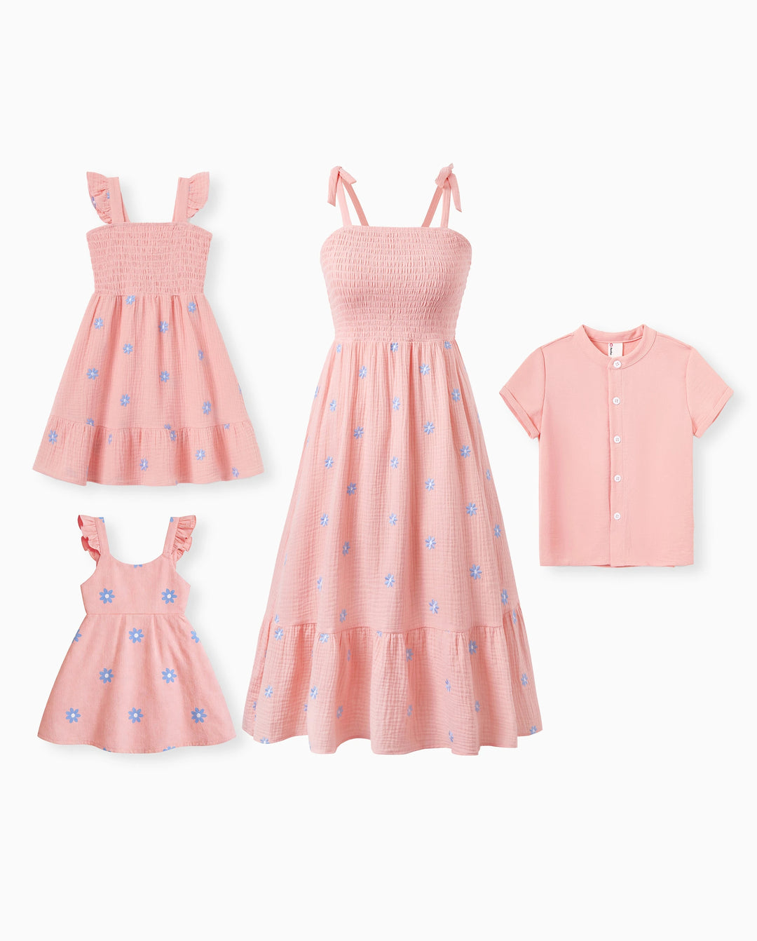 Tenues assorties maman et moi roses Robe en coton à fleurs smockée avec lien au dos pour maman et fille, chemises unies pour fils, parfait pour sorties familiales et photos d'été Rose mauve