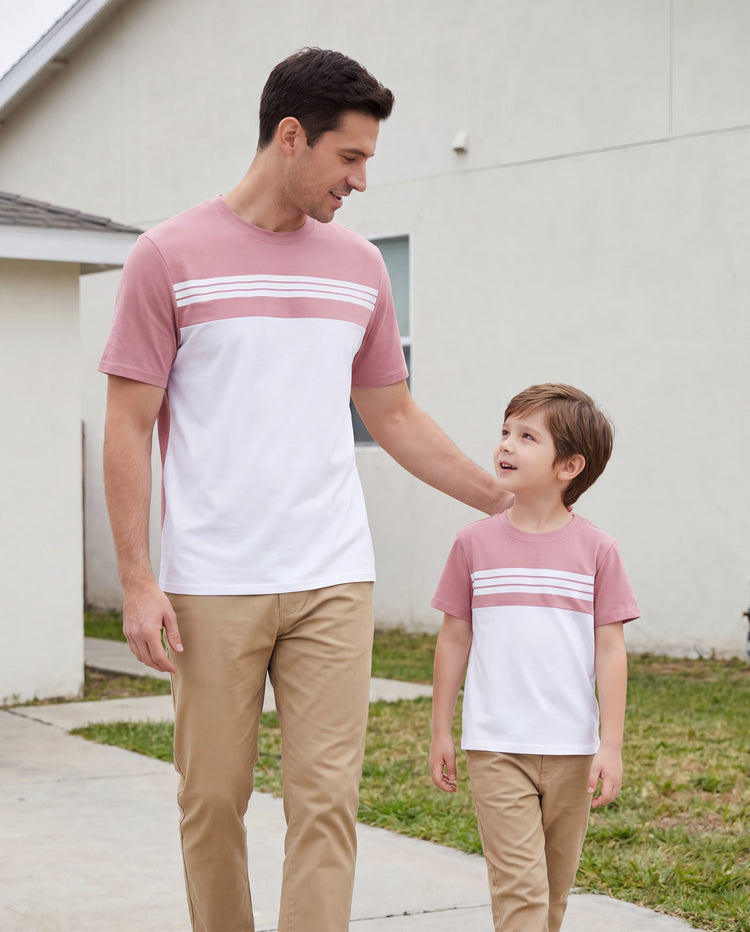 Daddy & Son Blue Cotton Colorblock Tee Shirt Set Pink