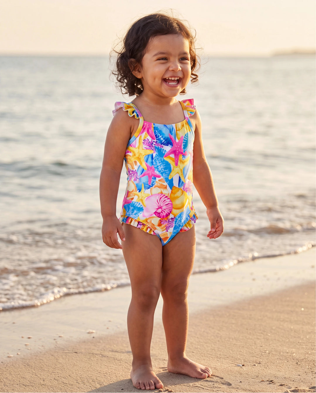 Conjunto de bañador de una pieza fruncido y pantalones cortos con estampado de conchas y estrellas de mar para niña pequeña Multicolor