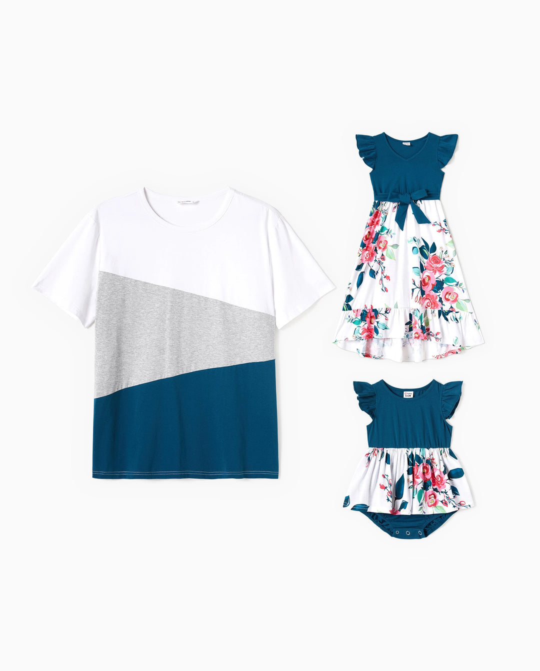 Vestidos con escote en V sólido y mangas de volantes combinados con estampado floral y conjuntos de camisetas de manga corta a bloques de color para papá e hija Azul celeste