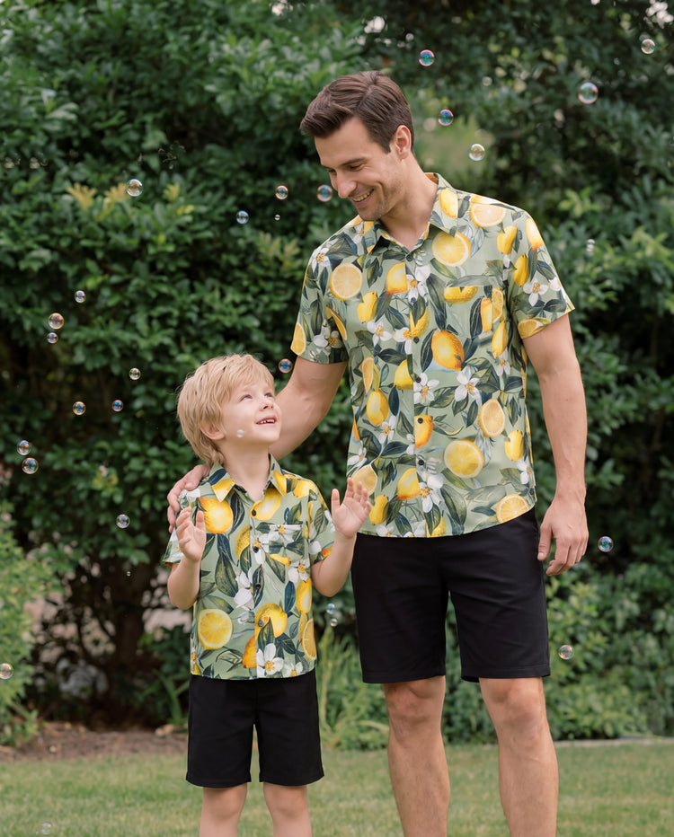 Conjuntos Daddy & Son – Camisas hawaianas con estampado de limón – Ropa tropical para vacaciones para hombres y niños Verde