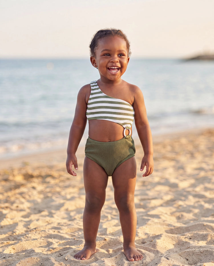 Bañador de una pieza con bloques de color y rayas, un solo hombro para niña pequeña Verde militar