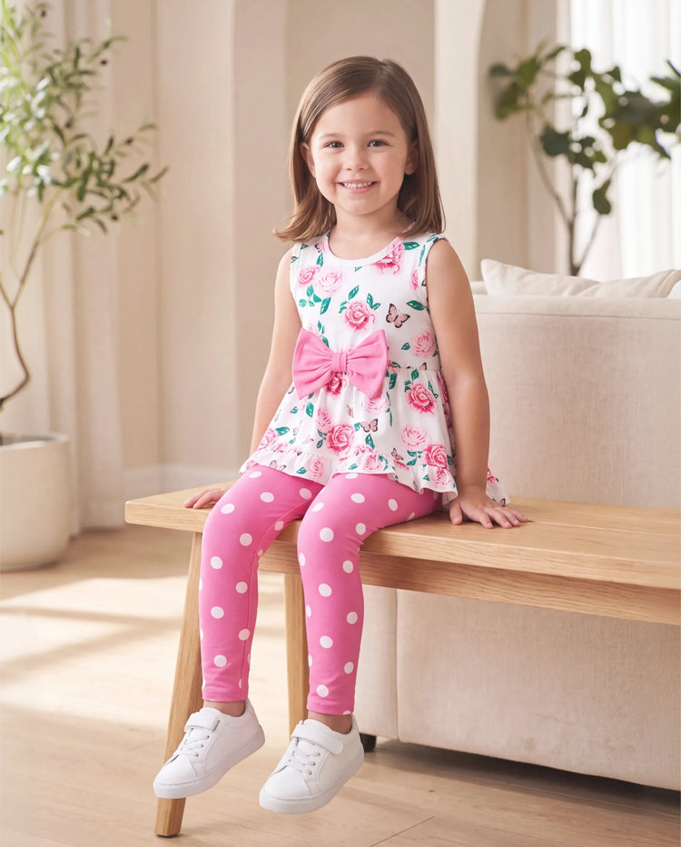 Conjunto de 2 piezas para niña pequeña con estampado floral, diseño de lazo, volantes, camiseta sin mangas de corte alto y pantalón de lunares, color rosa