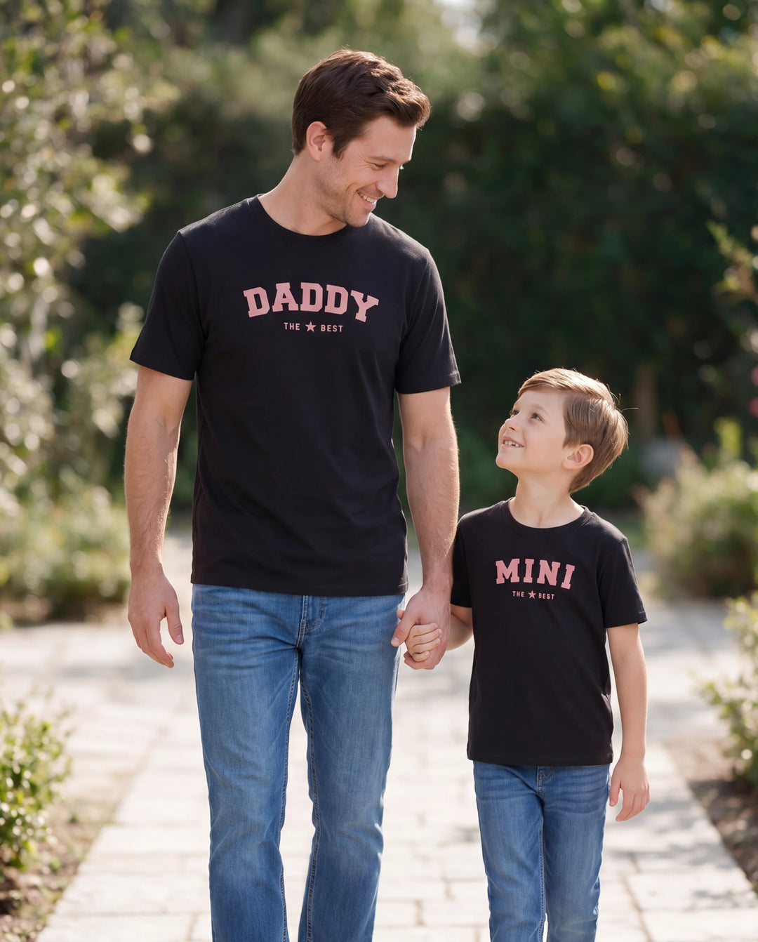 Daddy & Son Cotton T-Shirt & Dress Set Daddy / Mini Print Black Tee for Dad and boy, Floral Print splicing Dress for Mom, girl and Baby, Perfect for Summer Family Outings Black