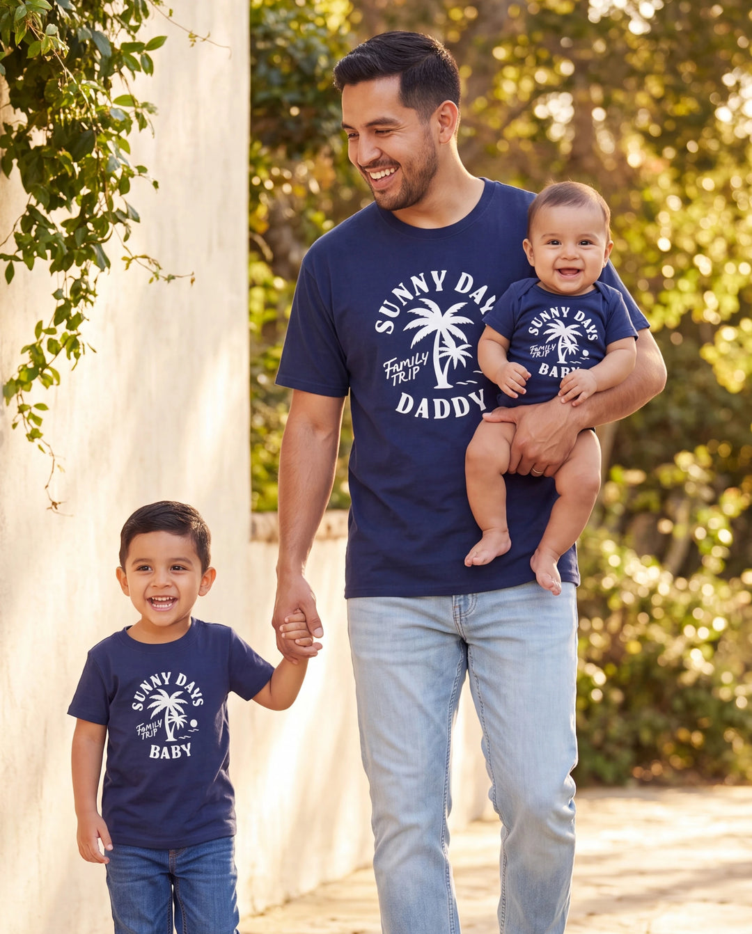 Conjunto de Camiseta y Vestido de Algodón Daddy & Son – Estampado de Palmeras Días Soleados para Papá, Mamá, Bebé y Niño Pequeño, Perfecto para Vacaciones de Verano y Salidas Familiares Azul Tibetano