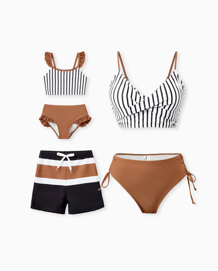 Trajes de baño a juego para mamá y yo con bloques de color Conjunto de bikini a rayas y pantalones cortos de baño Bloques de color