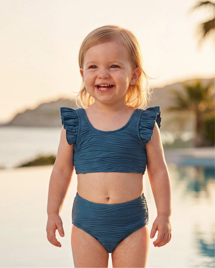 Bikini fruncido con rayas azul verdoso para niña pequeña Multicolor